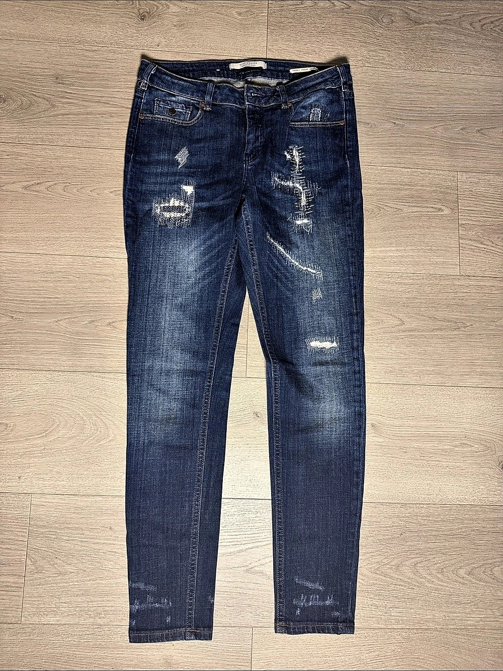 Scotch & Soda Riser LA Bohemienne Mid Ride Skinny Distressed Jeans in Blue Waist